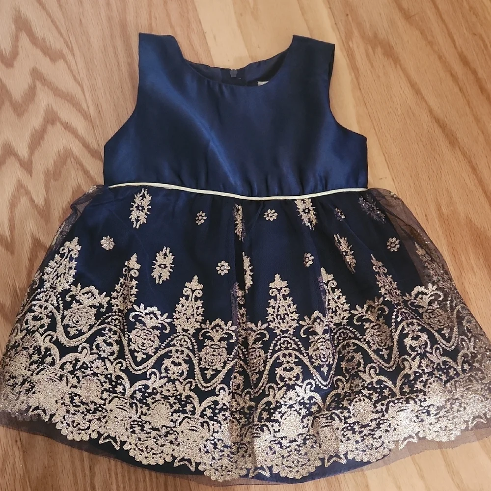 Rare Editions Navy and Gold Dress with Plush Shrug Diaper Cover Panty 24 Months